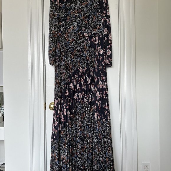 Mikael Aghal Pleated Floral-Print Crinkled Georgette Gown Midnight Blue Size 10 - Picture 7 of 7